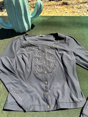 Women’s Black Button-Front Top with Gold Stud Accents